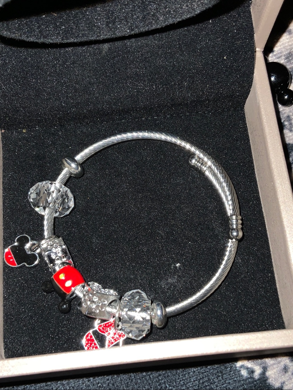 Disney Silver-Tone Cable Bracelet with Red & Clear Charms